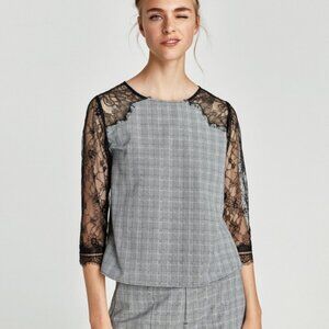Zara Gray Plaid Blouse with Black Lace Sleeves